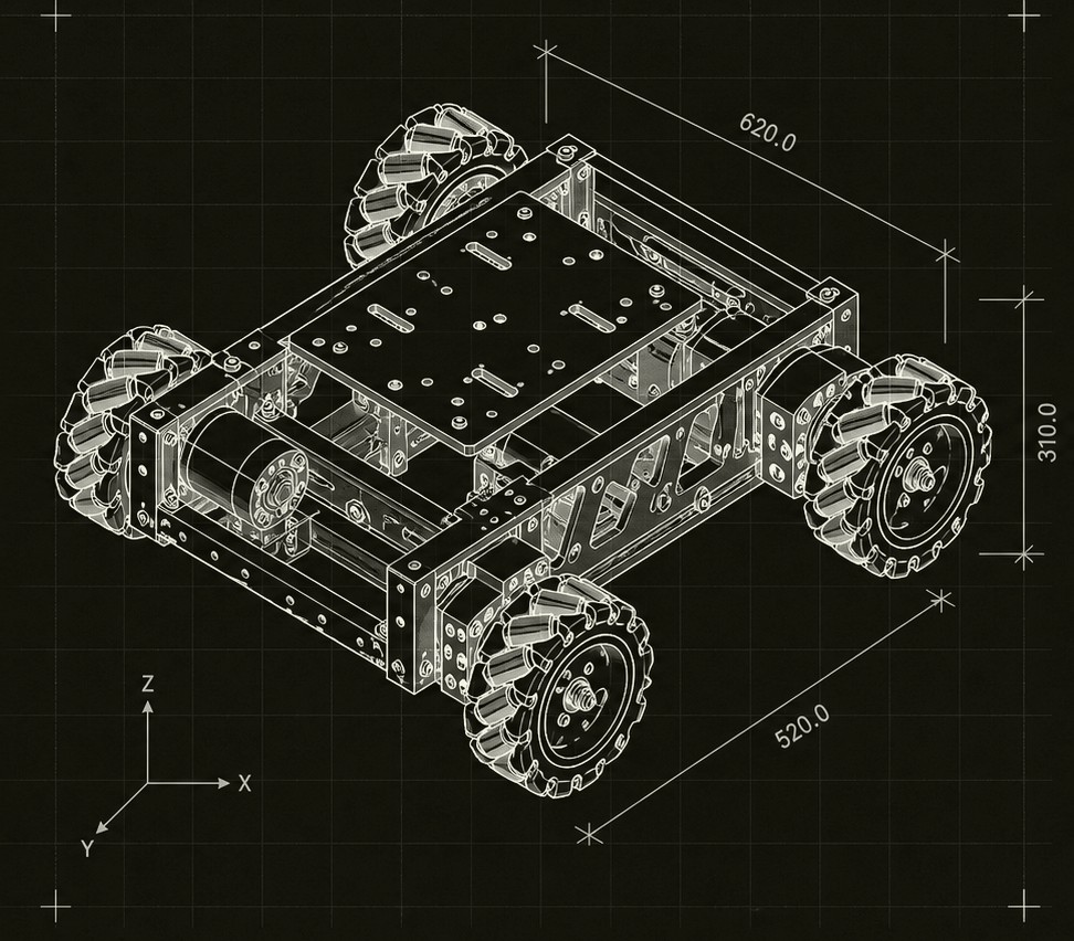 Detailed Rams Forge swerve robot chassis engineering drawing with editable dimensions